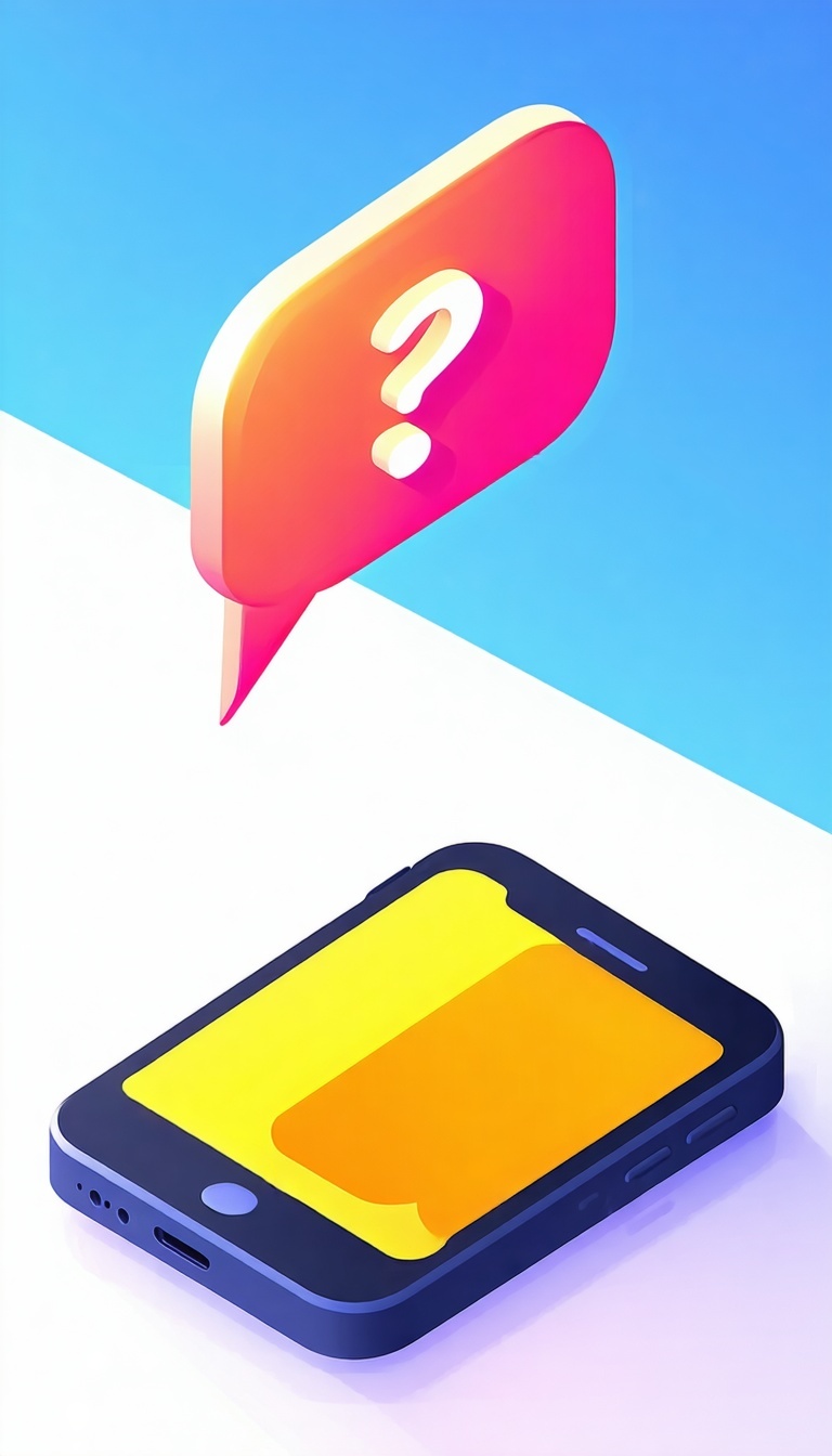 Mobilní telefon s velkou chatovací bublinou nad telefonem, která obsahuje otazník Použijte živé barvy - 24. dubna 2025-09-57-53-0038-AM