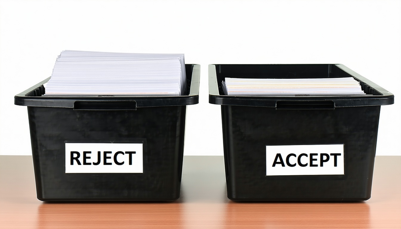 Zásobníky na stole Jeden z nich je označen jako REJECT a druhý jako ACCEPT-1.