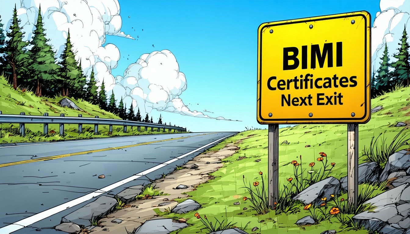 Milníky u silnice a značka BIMI Certifikáty Next Exit-1