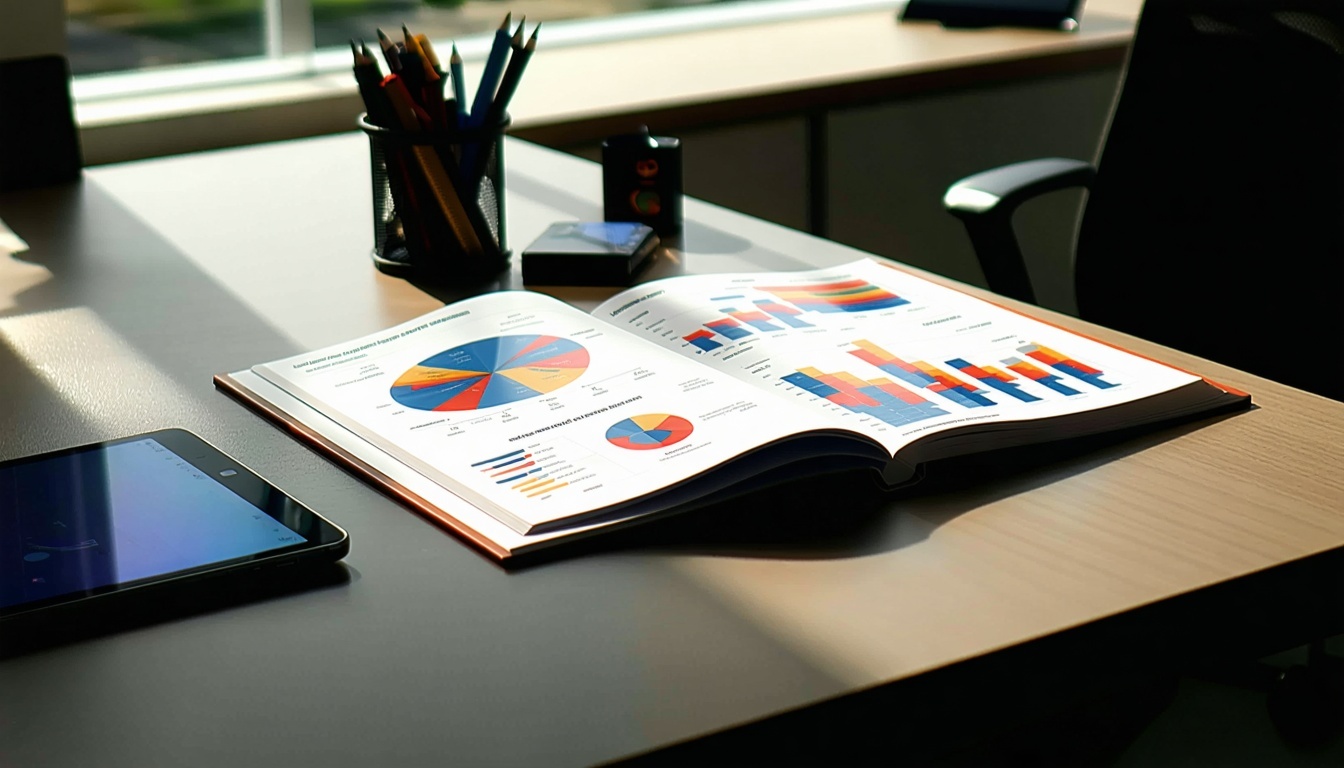 Elegantní moderní kancelářský stůl se pyšní hladkým leštěným povrchem, který je osvětlený přirozeným světlem procházejícím nedalekým oknem Na stole leží svázaná marketingová zpráva, jejíž profesionální obálka je opatřena živým designem a tučným typog-2.