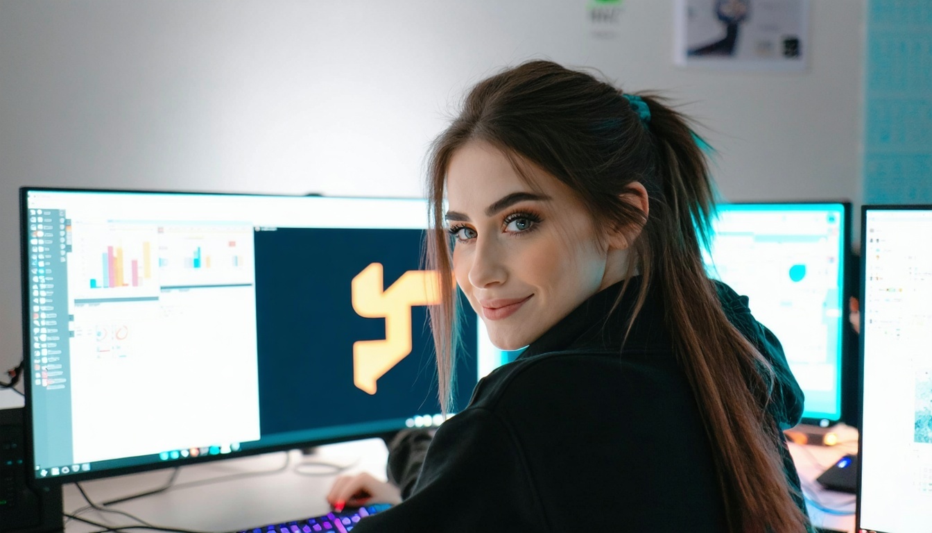 Mladá žena u počítače při pohledu na hotové logo pro BIMI Compliance-Jul-30-2025-05-57-27-4116-PM